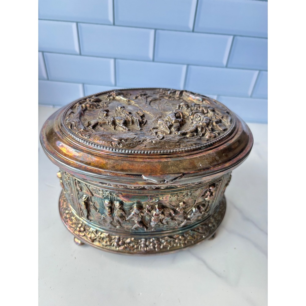 Vintage Repousse Silver Jewelry Box Tavern Scene Footed Hinged Lid